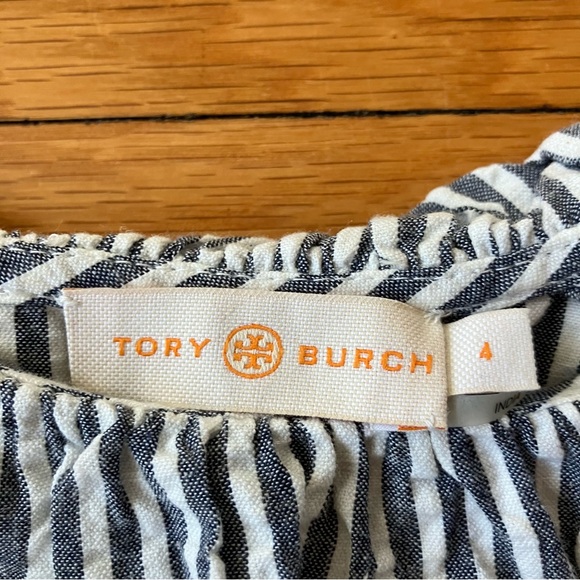Tory Burch Blue White Seersucker Stripes Ruffle Eyelet Preppy Summer Dress 4 - Picture 4 of 11
